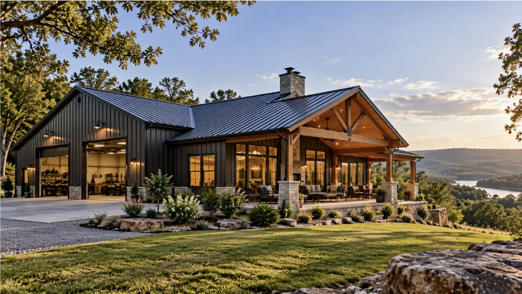 Modern barndominium in Southeast Oklahoma designed for wooded acreage, sloped terrain, and rural living.