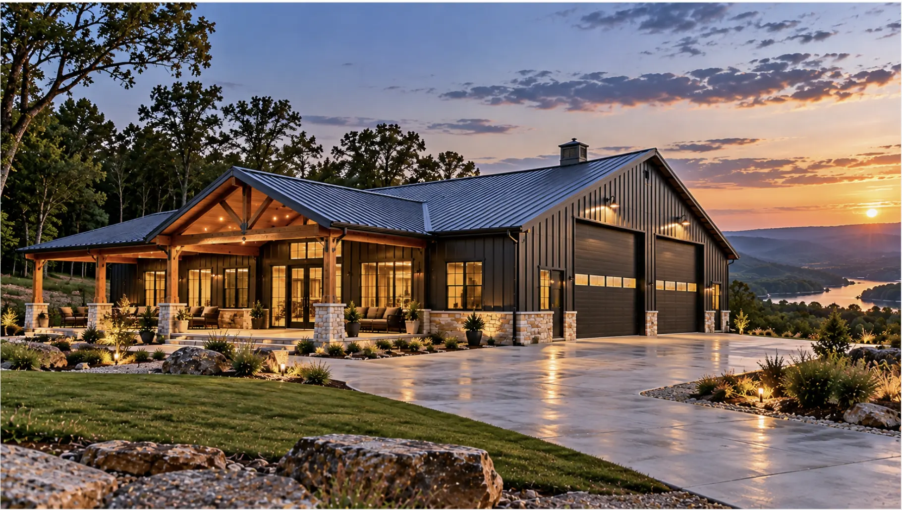 Completed custom barndominium in Southeast Oklahoma showcasing durable metal construction and full-service turnkey craftsmanship.
