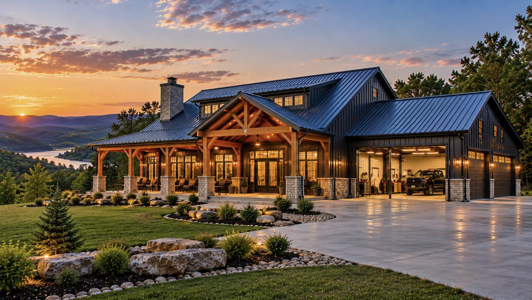 Custom barndominium by Oklahoma Complete Barndo Solutions in Tahlequah with metal exterior, timber porch, and attached workshop