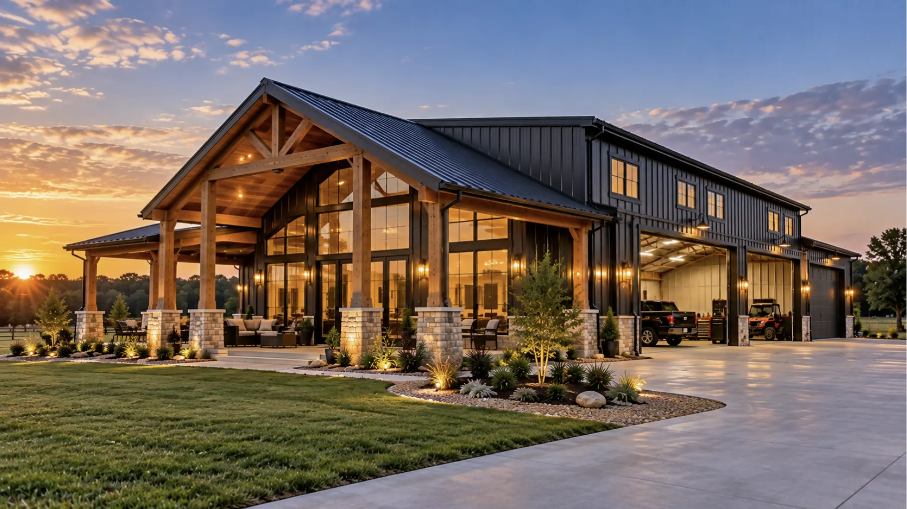 Completed modern barndominium in Oklahoma City with metal siding, timber framing, covered porch, and attached workshop garage.