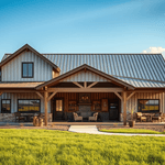 Completed farmhouse-style barndominium with metal roofing, timber porch columns, and stone accents on a rural property.