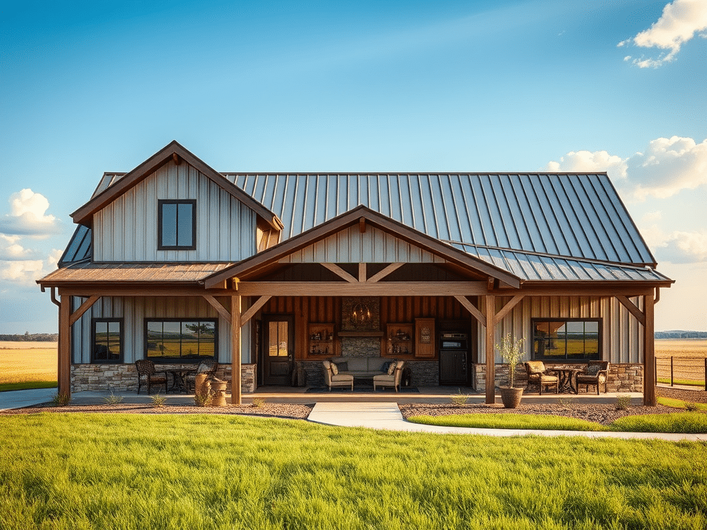 Completed farmhouse-style barndominium with metal roofing, timber porch columns, and stone accents on a rural property.
