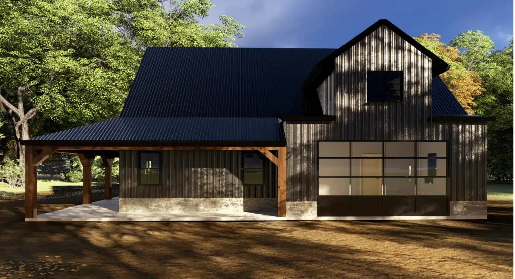 Modern black metal barndominium floor plan with covered porch and garage in a wooded setting