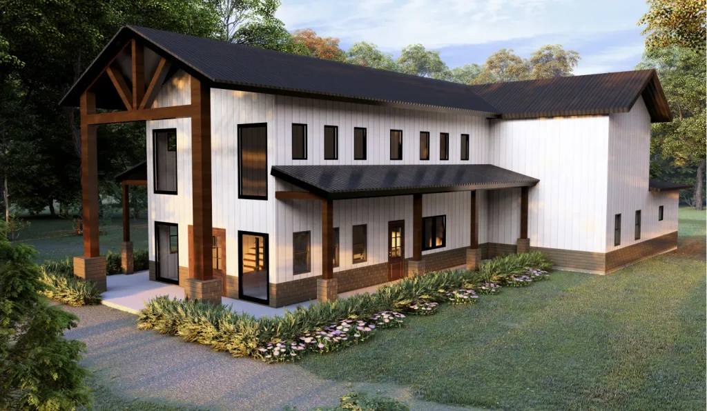 L shaped barndominium with white walls and black metal roof - a popular floor plan option for Oklahoma