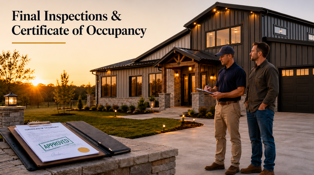 Illustrating a finished barndominium and a professional who completes inspections and hands over certificate of occupancy