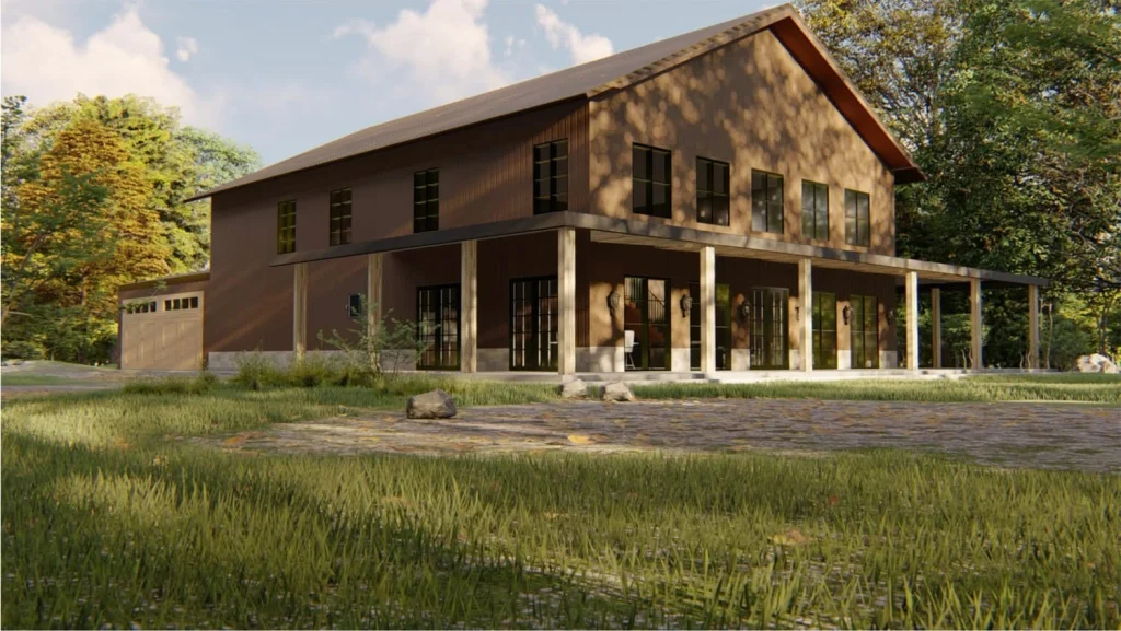 Two-story Oklahoma barndominium with wraparound porch and open rural landscape 3d design