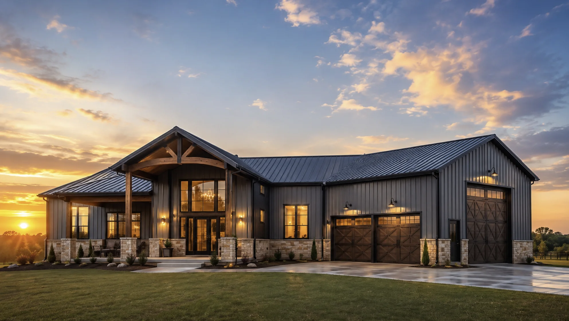 3D design of a barndominium home with attached shop and garage bays for acreage near Owasso, OK