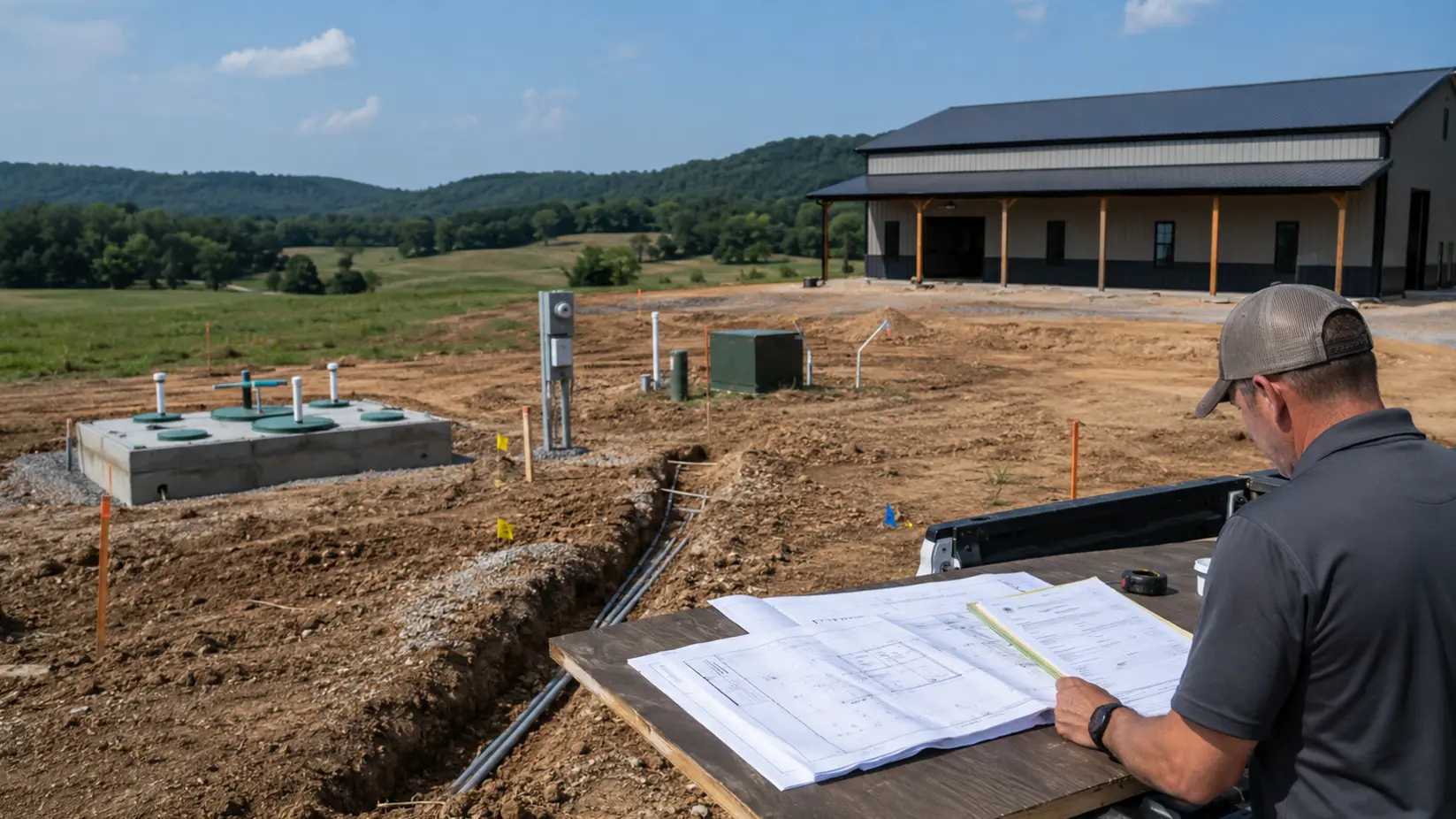 Builder reviewing site plans during soil and site evaluation for a barndominium in Pottawatomie County, OK