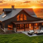 large 3800 sq ft luxury barndominium with a wide porch in dark grey color.
